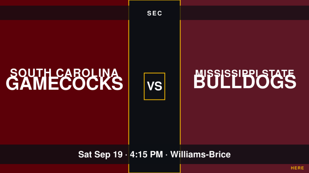 South Carolina Gamecocks vs Mississippi State Bulldogs SEC matchup card, Saturday September 19 at 4:15 PM, Williams-Brice Stadium