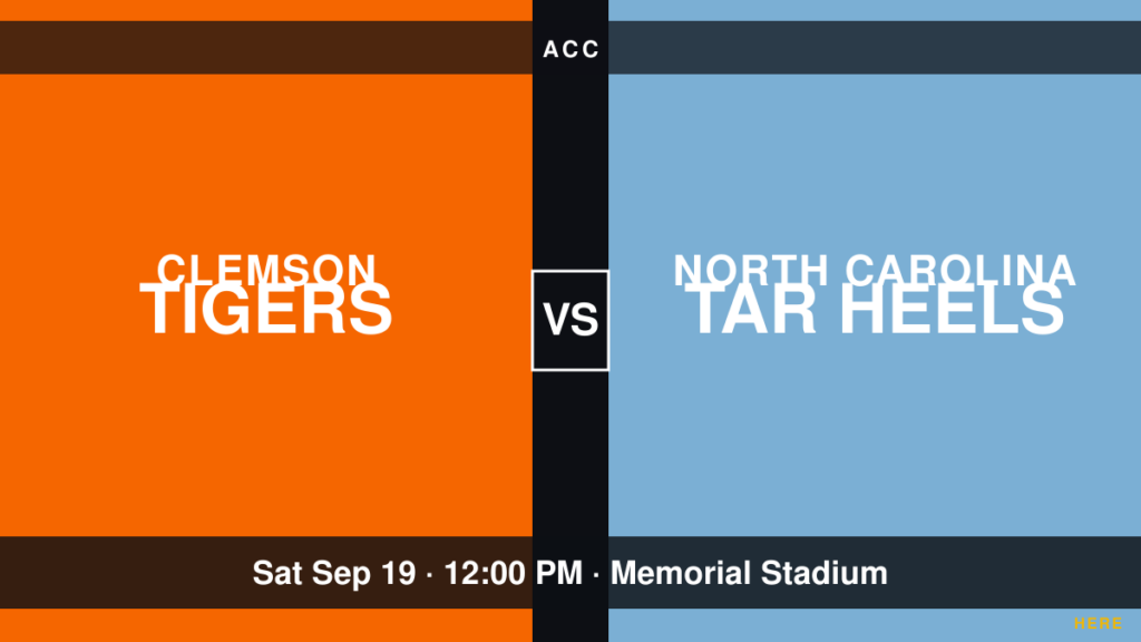 Clemson vs North Carolina ACC matchup card, Saturday September 19 at 12:00 PM, Memorial Stadium