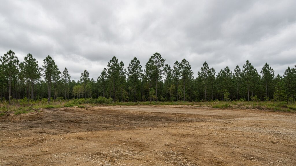 Large industrial manufacturing building and empty parking area in Honea Path under an overcast sky, with trees at the edge of the lot