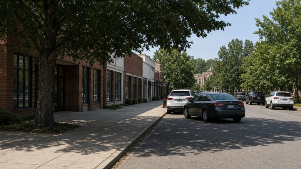 Quiet street in downtown Clemson with empty sidewalks and storefronts under dappled tree shade