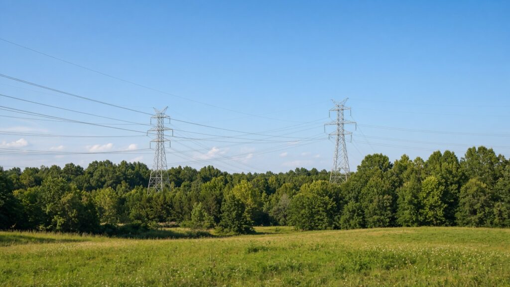 High-voltage transmission lines crossing a tree line at the edge of Greenville County under a clear afternoon sky