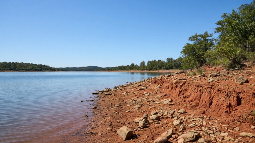 Lake Hartwell shoreline in Anderson County on a clear day, with low water exposing a rocky bank along a quiet cove