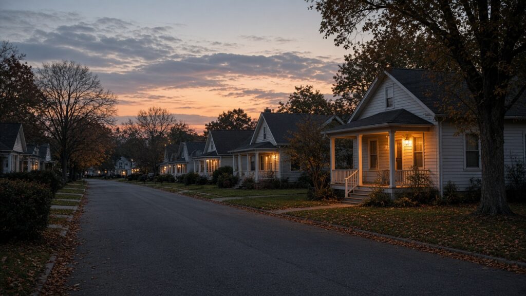 Quiet residential street in Seneca at dusk, with modest homes and warm porch lights under an autumn sky