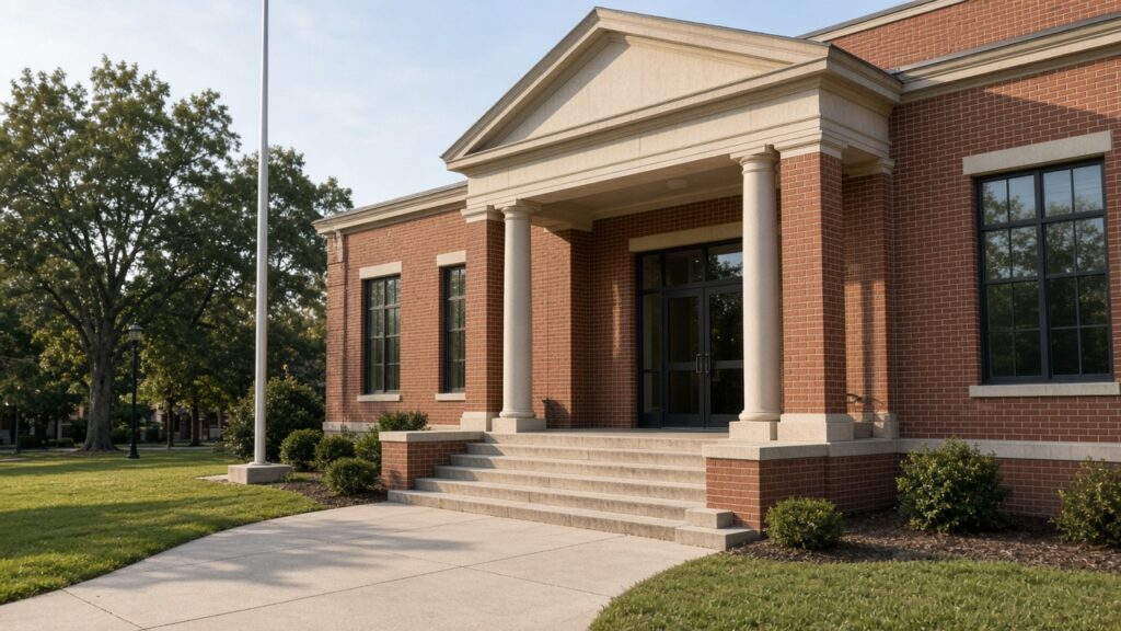 Entrance of a county government building in Pickens County with an empty sidewalk and flagpoles in morning light